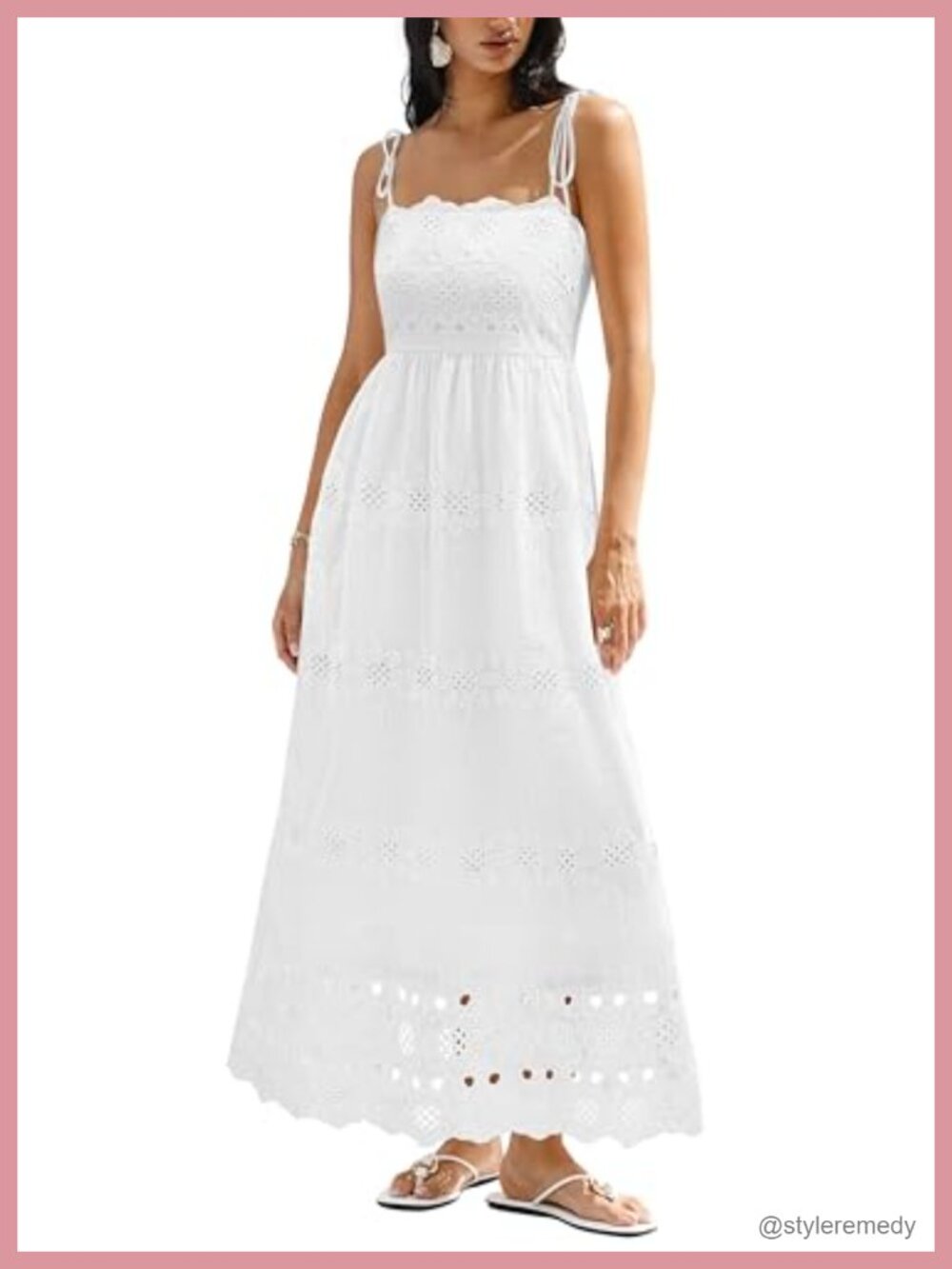 Spaghetti Strap Eyelet Cotton Boho Maxi Dress Smocked Backless Fit Flare